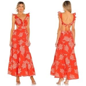 Karina Grimaldi Maxi Long Dress Womens Size XS Marigot Coral Print Orange Linen